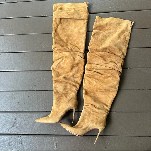 Amina Muaddi Jahleel Over the Knee Ruched Pointed Toe Stiletto Tan Suede Slouch - Picture 2 of 7